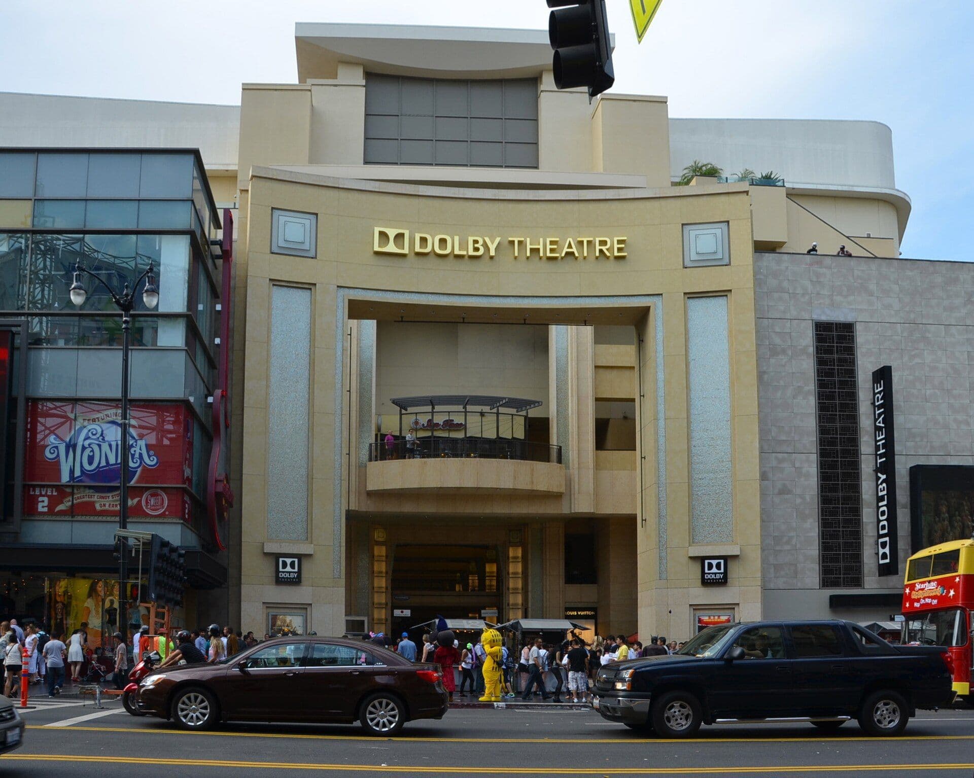Dolby Theatre facade on Hollywood Boulevard with entrance and surrounding pedestrians