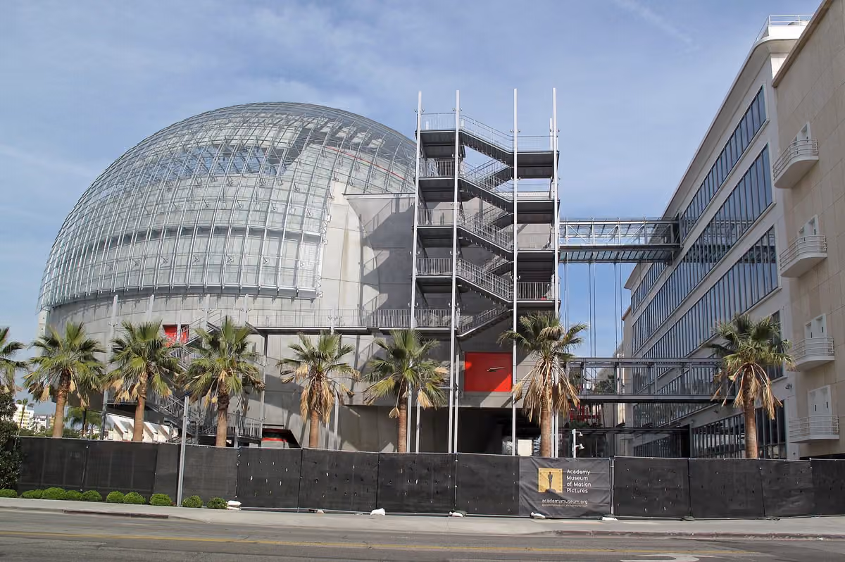 The Sphere, a spherical structure with gridded glass framework at the Academy Museum of Motion Pictures in Los Angeles
