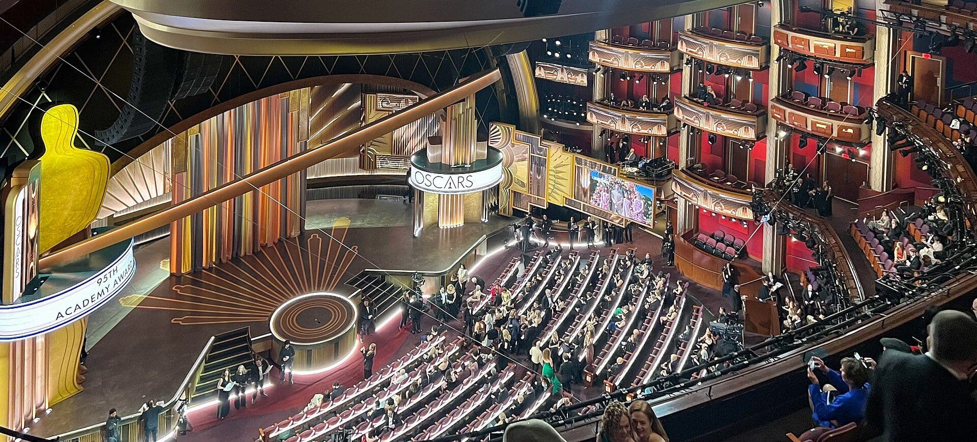 Interior of the Dolby Theatre auditorium and stage, seen from a high balcony ahead of the Oscars ceremony