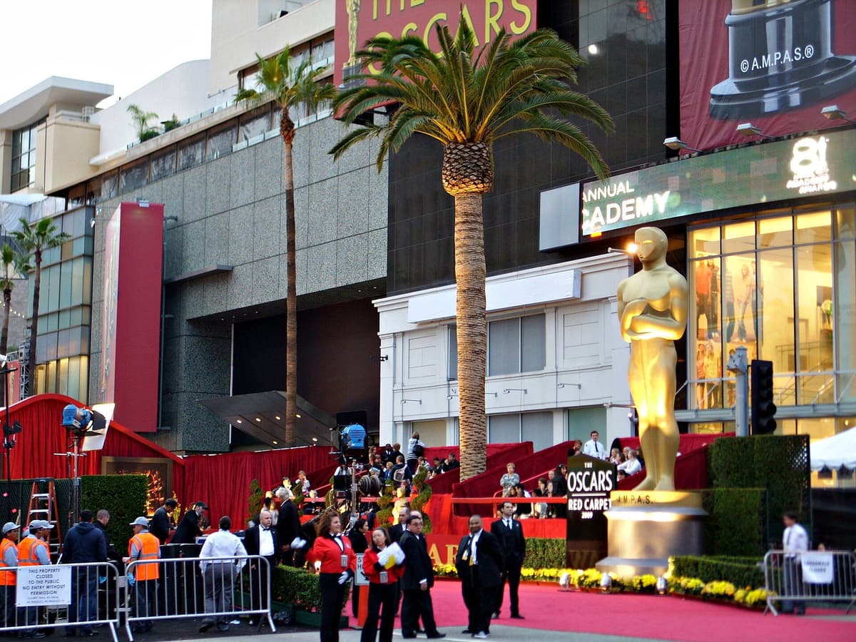 Red carpet and Oscar statue setup at Hollywood and Highland ahead of the Academy Awards ceremony