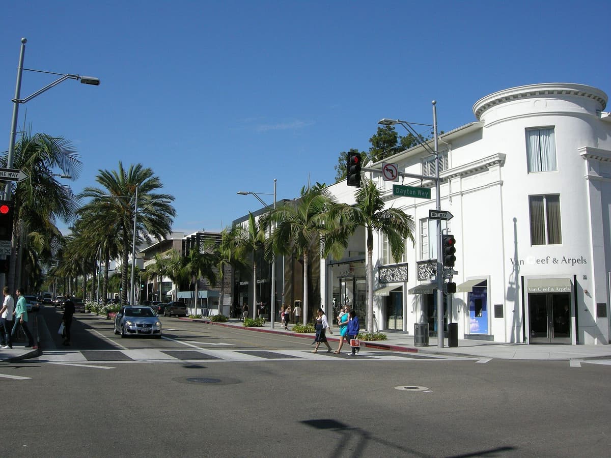 Rodeo Drive street corner with palm trees, boutiques and pedestrians crossing under a clear blue sky