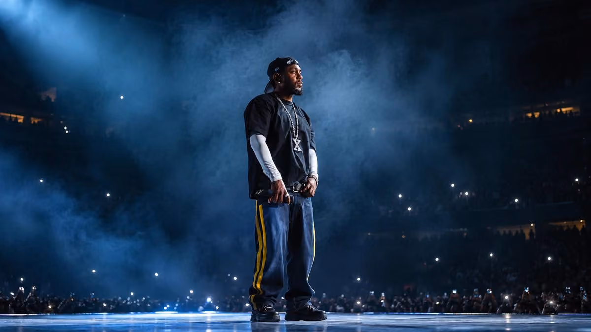 Kendrick Lamar standing on a stadium stage in a black T-shirt and cap, with blue smoke and phone lights in the crowd behind him