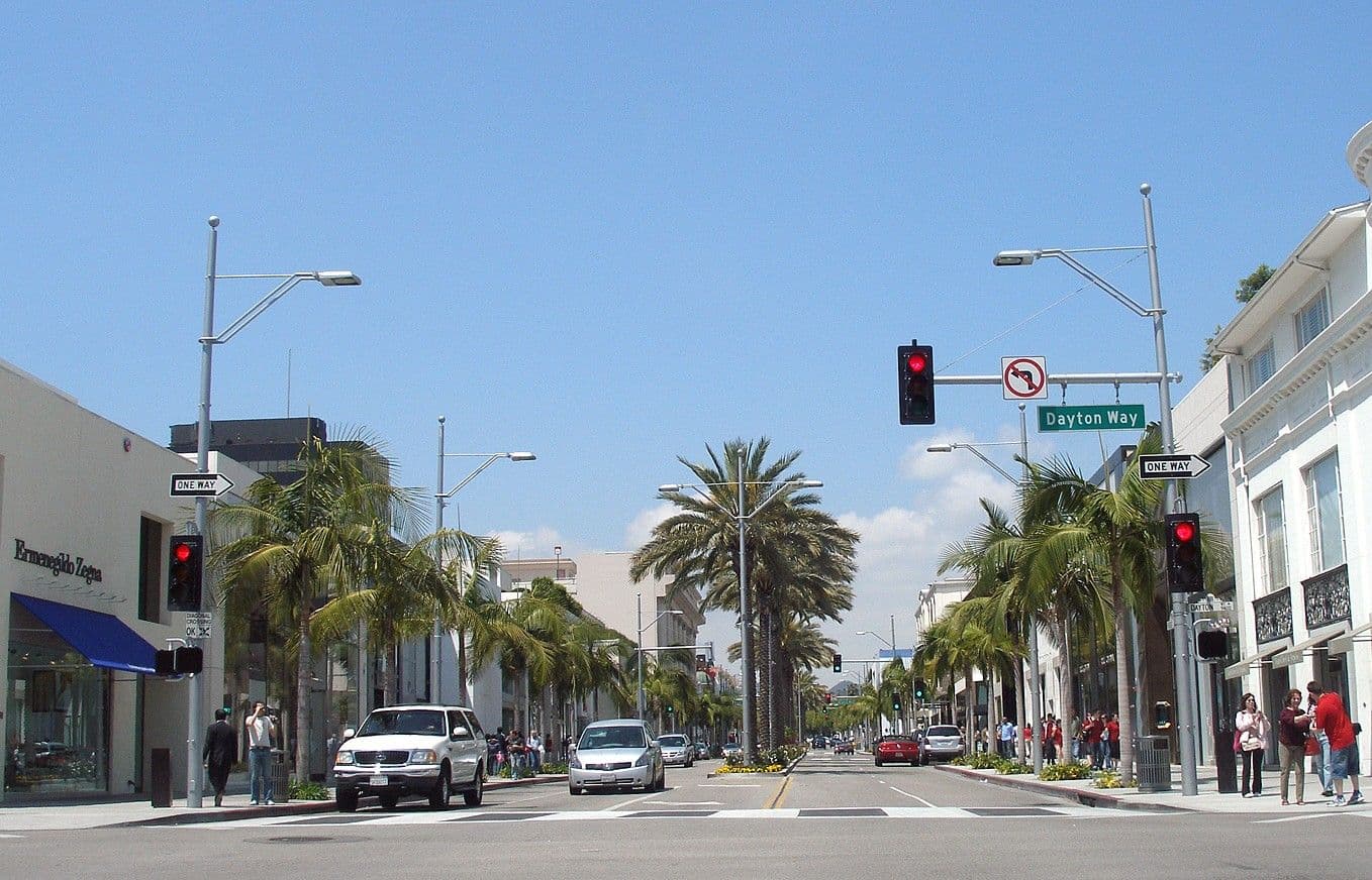 Rodeo Drive in Beverly Hills with luxury storefronts and palm trees