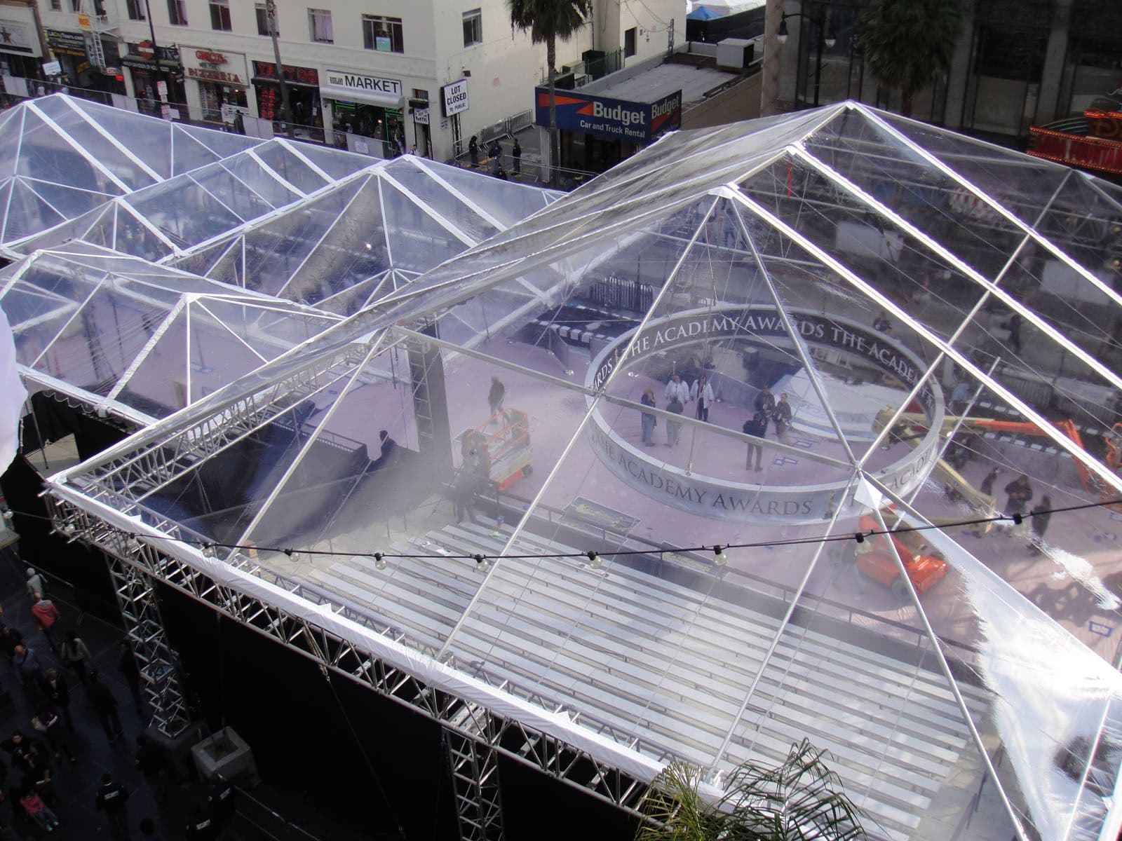 Aerial view of Academy Awards tent structure and event infrastructure at ceremony venue