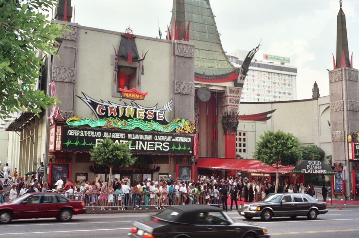 Crowds gather outside Grauman's Chinese Theatre for a 1990 Hollywood film premiere