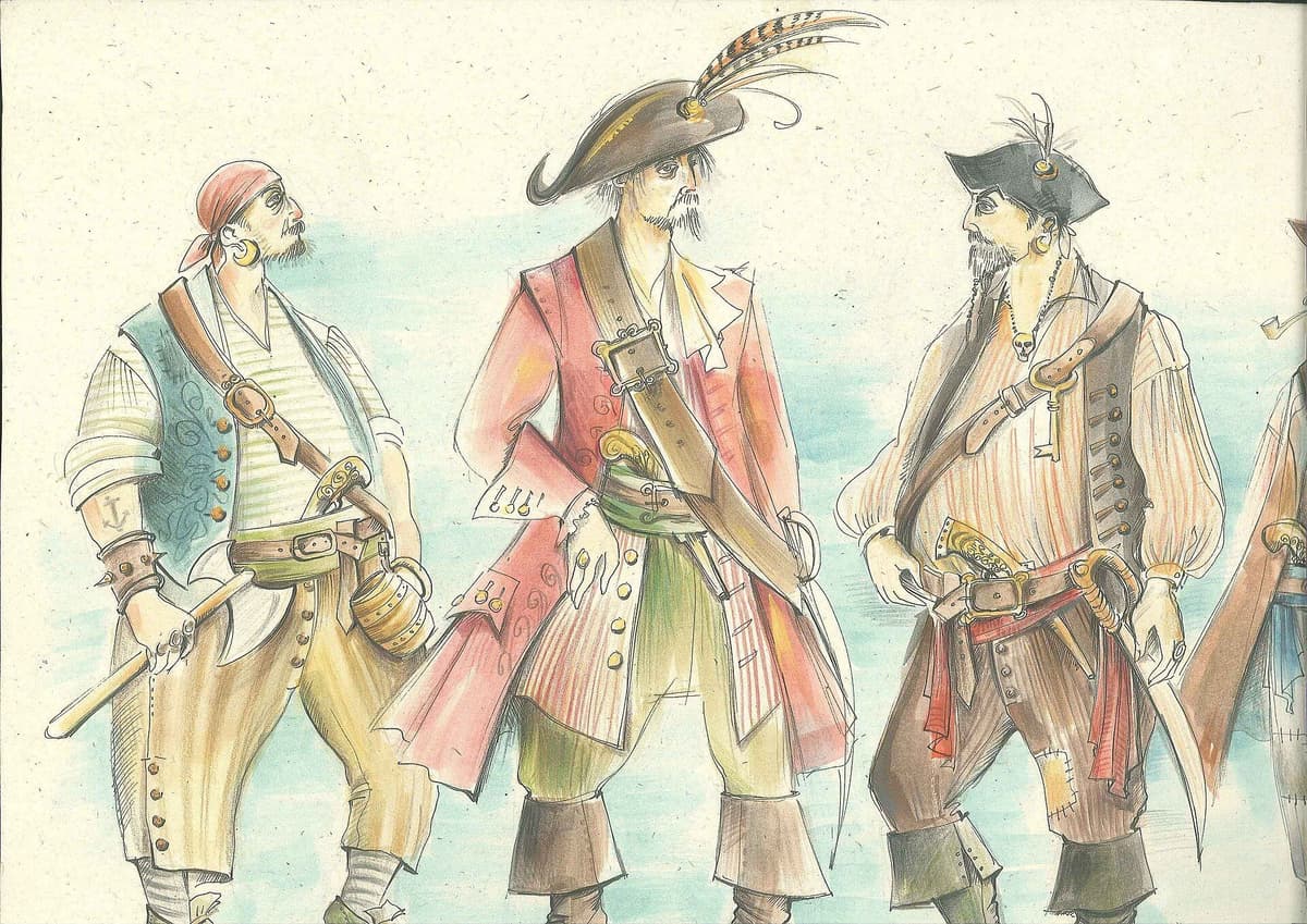Watercolour costume design sketch of three pirate characters in tricorn hats, coats, sashes and swords